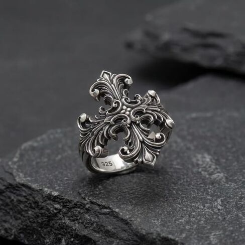Engraved Baroque Cross Ring for Men - Silver Christian Faith Statement Jewelry Gift in Kuwait