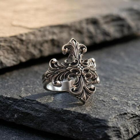 Engraved Baroque Cross Ring for Men - Silver Christian Faith Statement Jewelry Gift in Kuwait