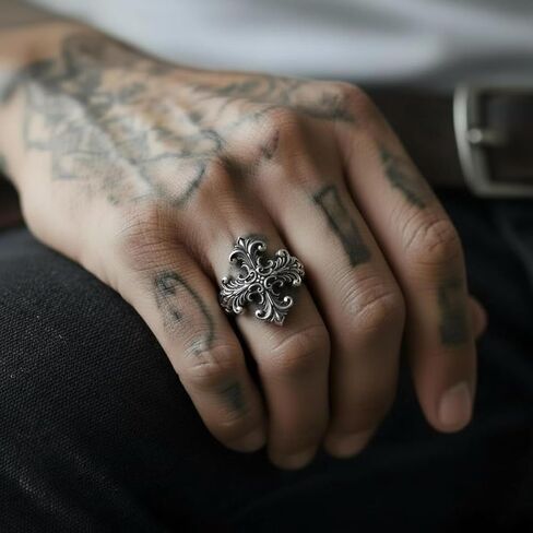 Engraved Baroque Cross Ring for Men - Silver Christian Faith Statement Jewelry Gift in Kuwait