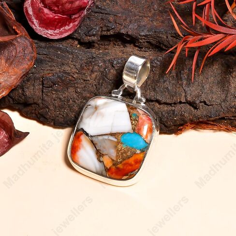 Cushion Large Natural Orange Spiny Oyster Turquoise Gemstone Pendant Pure 925 Sterling Silver Pendant Handmade Pendant Birthday Gift For Mom Wife in Kuwait