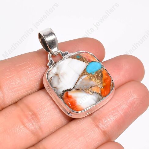 Cushion Large Natural Orange Spiny Oyster Turquoise Gemstone Pendant Pure 925 Sterling Silver Pendant Handmade Pendant Birthday Gift For Mom Wife in Kuwait