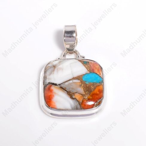 Cushion Large Natural Orange Spiny Oyster Turquoise Gemstone Pendant Pure 925 Sterling Silver Pendant Handmade Pendant Birthday Gift For Mom Wife in Kuwait