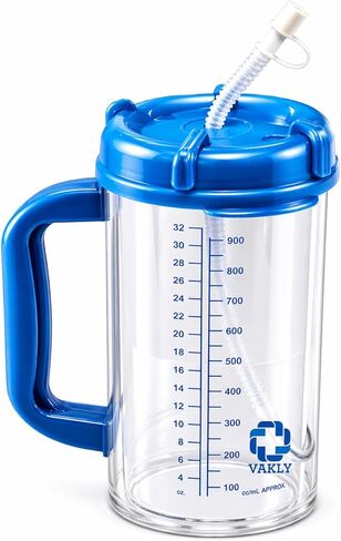 Vakly Insulated Hospital Carafe 32 oz – Double Wall Water Bottle with Straw & Pour Spout, Hot & Cold Bedside Carafe for Patient Care & Home Use (5) in Saudi Arabia