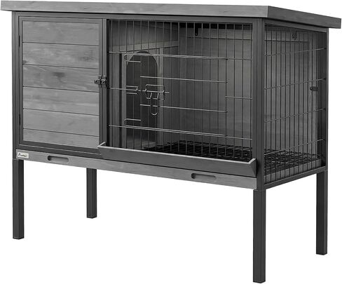 PawHut Elevated Rabbit Hutch with Pull-Out Tray, Wooden Bunny House Rabbit Cage for Outdoor Indoor Use, Openable Plastic Roof, Light Gray in Kuwait