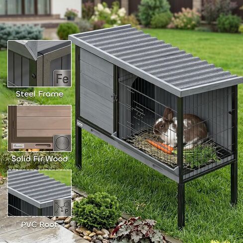 PawHut Elevated Rabbit Hutch with Pull-Out Tray, Wooden Bunny House Rabbit Cage for Outdoor Indoor Use, Openable Plastic Roof, Light Gray in Kuwait