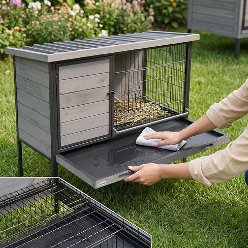 PawHut Elevated Rabbit Hutch with Pull-Out Tray, Wooden Bunny House Rabbit Cage for Outdoor Indoor Use, Openable Plastic Roof, Light Gray in Kuwait