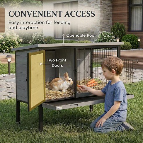 PawHut Elevated Rabbit Hutch with Pull-Out Tray, Wooden Bunny House Rabbit Cage for Outdoor Indoor Use, Openable Plastic Roof, Light Gray in Kuwait