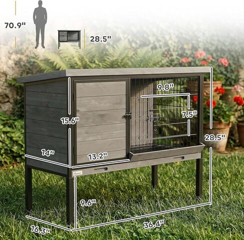 PawHut Elevated Rabbit Hutch with Pull-Out Tray, Wooden Bunny House Rabbit Cage for Outdoor Indoor Use, Openable Plastic Roof, Light Gray in Kuwait