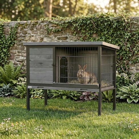 PawHut Elevated Rabbit Hutch with Pull-Out Tray, Wooden Bunny House Rabbit Cage for Outdoor Indoor Use, Openable Plastic Roof, Light Gray in Kuwait