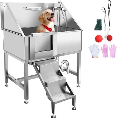 38" Dog Washing Station for Home, Professional Stainless Steel Dog Grooming Tub for Large/Medium/Small Dogs, Sliding Door Dog Washing Station W/Ladder, 330 Lbs Capacity,L-Door in Kuwait