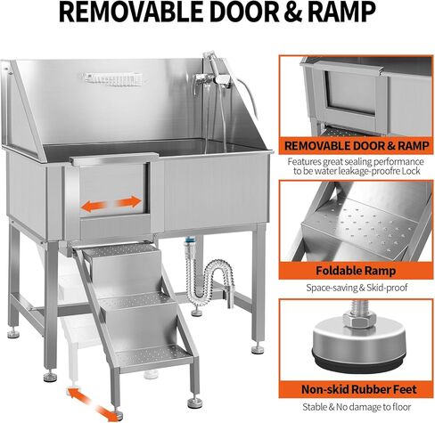 38" Dog Washing Station for Home, Professional Stainless Steel Dog Grooming Tub for Large/Medium/Small Dogs, Sliding Door Dog Washing Station W/Ladder, 330 Lbs Capacity,L-Door in Kuwait