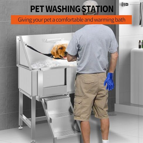 38" Dog Washing Station for Home, Professional Stainless Steel Dog Grooming Tub for Large/Medium/Small Dogs, Sliding Door Dog Washing Station W/Ladder, 330 Lbs Capacity,L-Door in Kuwait