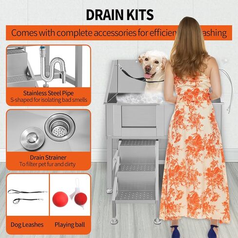 38" Dog Washing Station for Home, Professional Stainless Steel Dog Grooming Tub for Large/Medium/Small Dogs, Sliding Door Dog Washing Station W/Ladder, 330 Lbs Capacity,L-Door in Kuwait