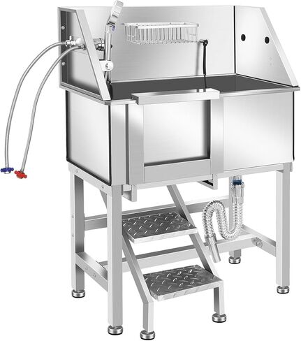 Dog Washing Station for Home, Professional Stainless Steel Dog Grooming Tub with Stairs, Door & Drain for Large, Medium & Small Pets, Silver (34 inch-Right Door) in Kuwait