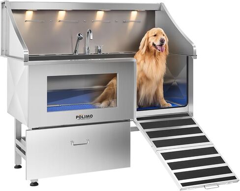 POLIMO Dog Washing Station with LED Display 61" (Right Ramp), 304 Stainless Steel Dog Bathtub for Large, Medium & Small Dogs, Professional Grooming Tub with Faucet, Storage Drawer, Floor Grate, Window in Kuwait