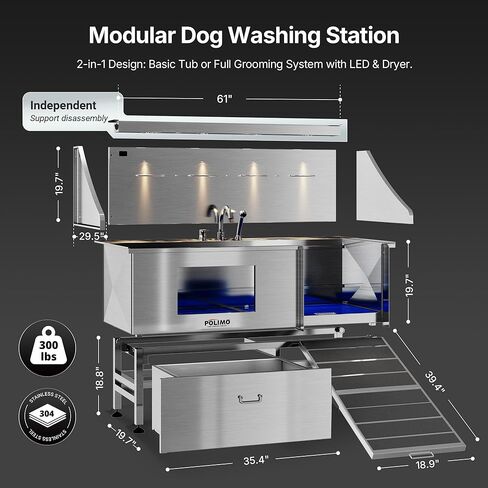POLIMO Dog Washing Station with LED Display 61" (Right Ramp), 304 Stainless Steel Dog Bathtub for Large, Medium & Small Dogs, Professional Grooming Tub with Faucet, Storage Drawer, Floor Grate, Window in Kuwait