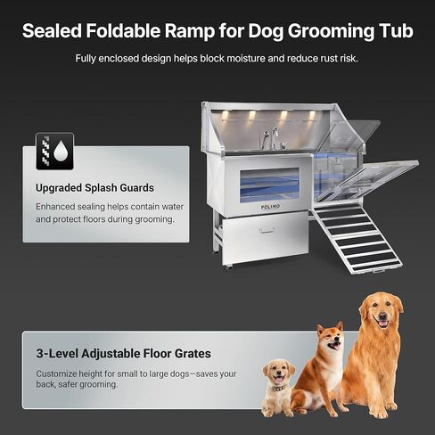 POLIMO Dog Washing Station with LED Display 61" (Right Ramp), 304 Stainless Steel Dog Bathtub for Large, Medium & Small Dogs, Professional Grooming Tub with Faucet, Storage Drawer, Floor Grate, Window in Kuwait