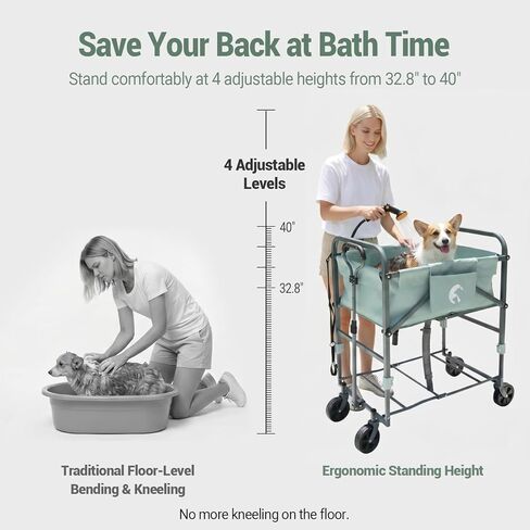 Elevated Dog Bath Tub for Small & Medium Dogs, 32.8"-40" 4-Level Adjustable Height Folding Pet Grooming Station with Wheels, Portable Dog Wash Station, 1000D PVC, Fits Dogs up to 33 lbs in Kuwait