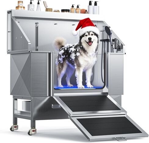 CAMMOO 50'' Dog Bathing Station - 304 Stainless Steel, Leak-Proof Deep Soak, Dog Bathing Station, 27.4" Wide Ramp, Swivel Wheels, Dog Grooming Tub, Piano-Key Faucet, 2 Drawers for Medium & Small Pets in Kuwait