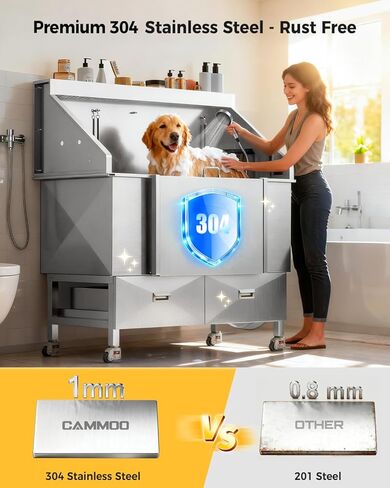 CAMMOO 50'' Dog Bathing Station - 304 Stainless Steel, Leak-Proof Deep Soak, Dog Bathing Station, 27.4" Wide Ramp, Swivel Wheels, Dog Grooming Tub, Piano-Key Faucet, 2 Drawers for Medium & Small Pets in Kuwait
