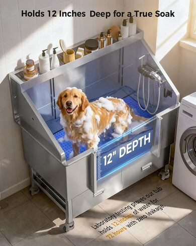 CAMMOO 50'' Dog Bathing Station - 304 Stainless Steel, Leak-Proof Deep Soak, Dog Bathing Station, 27.4" Wide Ramp, Swivel Wheels, Dog Grooming Tub, Piano-Key Faucet, 2 Drawers for Medium & Small Pets in Kuwait