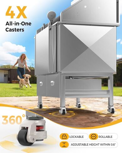 CAMMOO 50'' Dog Bathing Station - 304 Stainless Steel, Leak-Proof Deep Soak, Dog Bathing Station, 27.4" Wide Ramp, Swivel Wheels, Dog Grooming Tub, Piano-Key Faucet, 2 Drawers for Medium & Small Pets in Kuwait