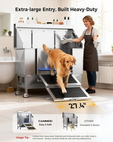 CAMMOO 50'' Dog Bathing Station - 304 Stainless Steel, Leak-Proof Deep Soak, Dog Bathing Station, 27.4" Wide Ramp, Swivel Wheels, Dog Grooming Tub, Piano-Key Faucet, 2 Drawers for Medium & Small Pets in Kuwait