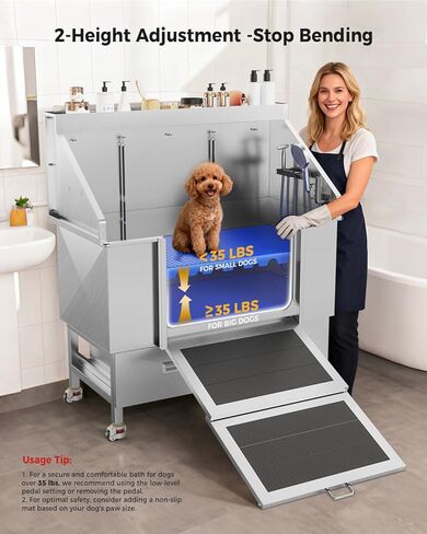 CAMMOO 50'' Dog Bathing Station - 304 Stainless Steel, Leak-Proof Deep Soak, Dog Bathing Station, 27.4" Wide Ramp, Swivel Wheels, Dog Grooming Tub, Piano-Key Faucet, 2 Drawers for Medium & Small Pets in Kuwait