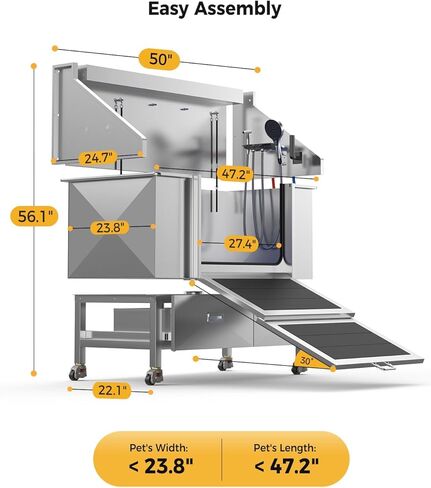 CAMMOO 50'' Dog Bathing Station - 304 Stainless Steel, Leak-Proof Deep Soak, Dog Bathing Station, 27.4" Wide Ramp, Swivel Wheels, Dog Grooming Tub, Piano-Key Faucet, 2 Drawers for Medium & Small Pets in Kuwait