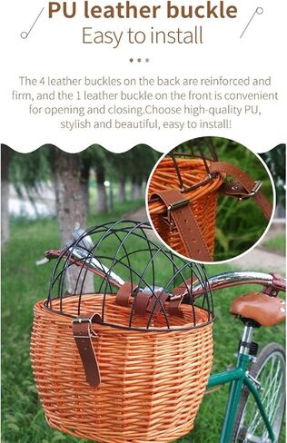 Bike Basket, Rattan Pet Carrier Front Basket with Wire Mesh Cover, Hand Woven Water for Small Dogs Cats Toys Books, Easy Install for Students Kids Bicycles (Honey Color) in Kuwait