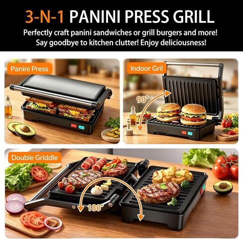 شواية بانيني للضغط، صانعة شريحتين للساندويتش مع ألواح مطلية غير لاصقة وصينية تنقيط قابلة للإزالة، شواية كهربائية لضغط الساندوتشات 3 في 1، تفتح 180 درجة لتناسب أي نوع أو حجم من الطعام، 1000 وات، أسود in Kuwait