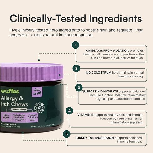 Wuffes Allergy & Itch Soft Chews, Dog Allergy Support with Colostrum, Vitamin E and Omega 3s for Dogs, Non-Drowsy Immune and Itchy Skin Support for All Dogs, 60 Soft Chews in Kuwait