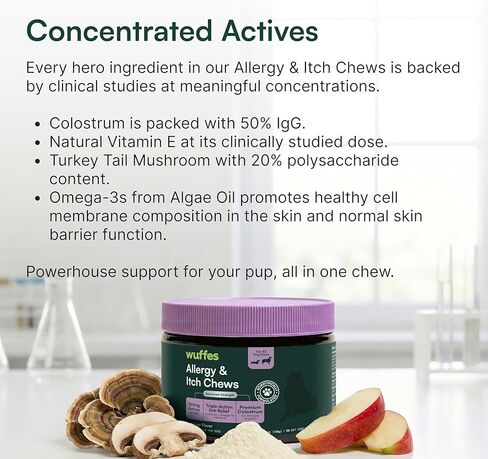 Wuffes Allergy & Itch Soft Chews, Dog Allergy Support with Colostrum, Vitamin E and Omega 3s for Dogs, Non-Drowsy Immune and Itchy Skin Support for All Dogs, 60 Soft Chews in Kuwait