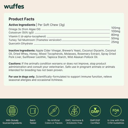 Wuffes Allergy & Itch Soft Chews, Dog Allergy Support with Colostrum, Vitamin E and Omega 3s for Dogs, Non-Drowsy Immune and Itchy Skin Support for All Dogs, 60 Soft Chews in Kuwait