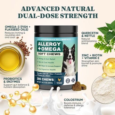 Dog Allergy Chews Omega 3 is Human,Itch Relief Multivitamin Medicine for Dogs Itching Skin Relief and Aller Immune Pet Allergy Dog Anti Itch Chews Coat Licking Supplements Pills Meds Medicine for Dogs in Kuwait
