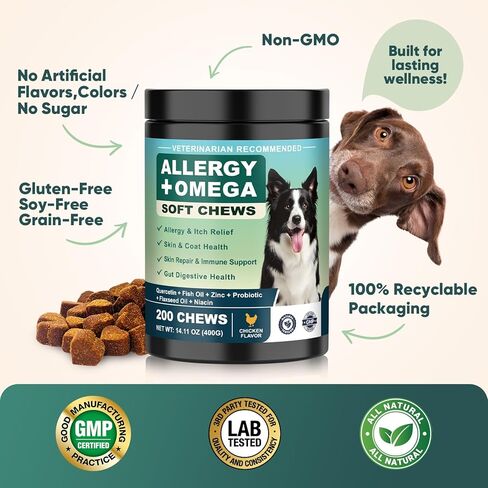 Dog Allergy Chews Omega 3 is Human,Itch Relief Multivitamin Medicine for Dogs Itching Skin Relief and Aller Immune Pet Allergy Dog Anti Itch Chews Coat Licking Supplements Pills Meds Medicine for Dogs in Kuwait