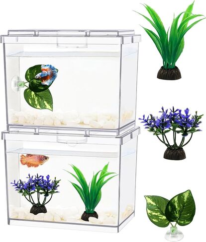 MoonOrange Mini Betta Fish Tank، وعاء سمك صغير للمساحة المؤقتة، 0.2 جالون خزان مكعب قابل للتكديس مع نباتات اصطناعية وحصى للأسماك الصغيرة والحشرات والروبيان وسرطان البحر والعنكبوت. (حزمة-1) in Kuwait