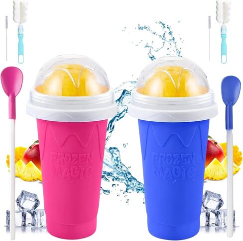 2 Pack Slushie Cup Maker with Sponge Brush & Straw Brush, Slushy Cup Maker, Frozen Magic Squeeze Cups with Lid & Straw for Smoothies, Milk, Juice and Ice Cream, Pink & Blue in Kuwait