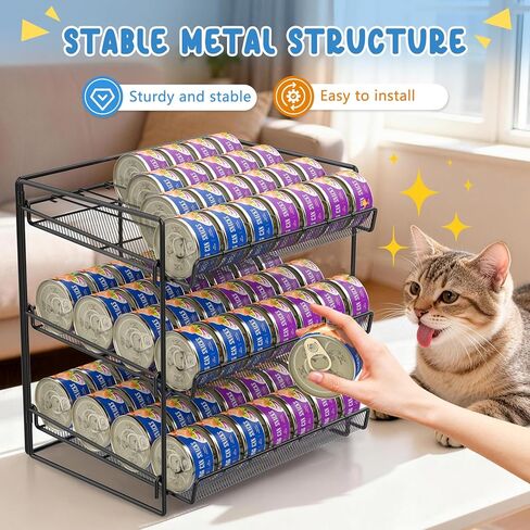 Cat Food Can Organizer, Can Organizer for Pantry, 3-Tier Metal Cat Food Storage Container Holds 84 (3.5oz) Cans，Adjustable Canned Food Organizer and Storage for Counter Kitchen Cabinet (Black, 3 Tier) in Saudi Arabia