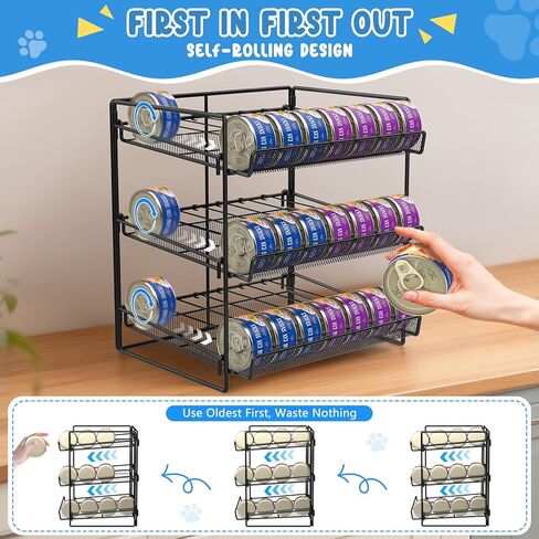 Cat Food Can Organizer, Can Organizer for Pantry, 3-Tier Metal Cat Food Storage Container Holds 84 (3.5oz) Cans，Adjustable Canned Food Organizer and Storage for Counter Kitchen Cabinet (Black, 3 Tier) in Saudi Arabia