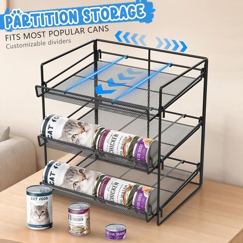 Cat Food Can Organizer, Can Organizer for Pantry, 3-Tier Metal Cat Food Storage Container Holds 84 (3.5oz) Cans，Adjustable Canned Food Organizer and Storage for Counter Kitchen Cabinet (Black, 3 Tier) in Saudi Arabia