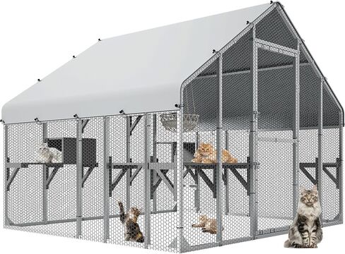 YITAHOME 94 Inch Outdoor Cat Enclosure, Extra Large Outdoor Cat House for Multiple Cats, Metal Cat Cage with Weatherproof Roof, 7 Platforms, 2 Resting Box and Cat Hammock Bed in Kuwait