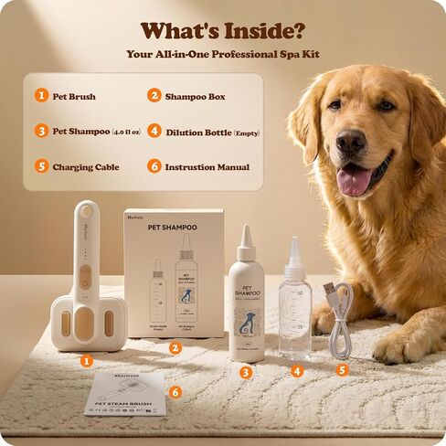 Rorhxia Steam Dog Brush for Shedding [Skin Friendly, Self Cleaning, 1*Shampoo, IPX7 Waterproof] Pet Pro Grooming Tool for Dog & Cat, Short/Long Hair, Poodle, Doodle, Bulldog, Golden, Labrador etc. in Kuwait