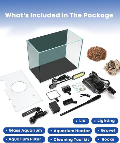3 Gallon Aquarium Set Small Fish Tank Glass, Starter Kit with Heater Water Pump Cleaning Filter Bright Light Rocks Gravel Cleaning Tool, Leak-Proof Clear Rimless Desktop Spaces Saving Betta Fish in Kuwait