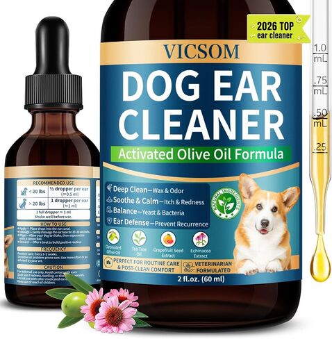 VICSOM Dog Ear Infection Treatment Drops, Natural Dog Ear Cleaner Ear Drops for Itch Relief, Support Wax, Odor & Yeast Infection, Dog Ear Cleaning Solution with Ozonated Olive Oil, 60ml in Kuwait