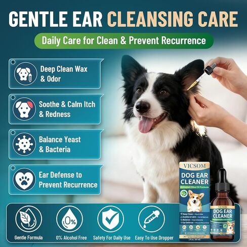 VICSOM Dog Ear Infection Treatment Drops, Natural Dog Ear Cleaner Ear Drops for Itch Relief, Support Wax, Odor & Yeast Infection, Dog Ear Cleaning Solution with Ozonated Olive Oil, 60ml in Kuwait