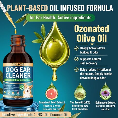 VICSOM Dog Ear Infection Treatment Drops, Natural Dog Ear Cleaner Ear Drops for Itch Relief, Support Wax, Odor & Yeast Infection, Dog Ear Cleaning Solution with Ozonated Olive Oil, 60ml in Kuwait