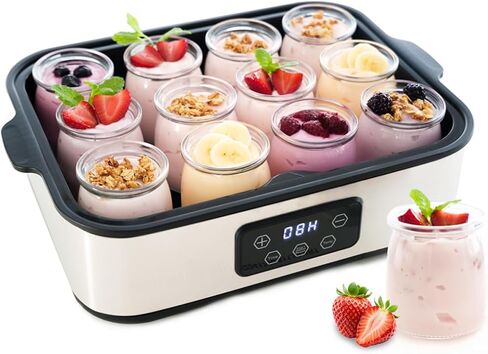 Automatic Yogurt Maker | 12 Glass Jars 180ml, Digital Timer & Temp Control | Stainless Steel Greek Yogurt Machine with Auto Shut-Off for Homemade Healthy Probiotic Snacks in Kuwait