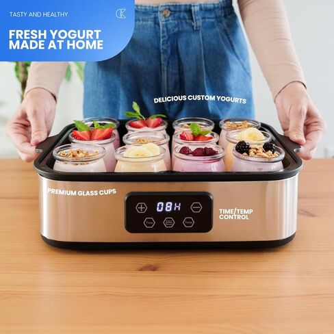 Automatic Yogurt Maker | 12 Glass Jars 180ml, Digital Timer & Temp Control | Stainless Steel Greek Yogurt Machine with Auto Shut-Off for Homemade Healthy Probiotic Snacks in Kuwait
