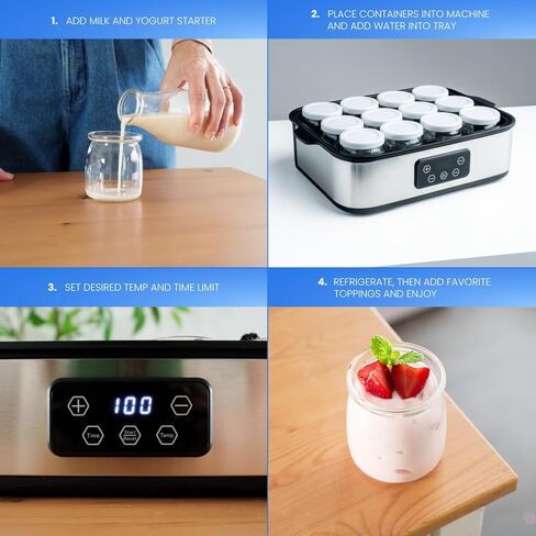 Automatic Yogurt Maker | 12 Glass Jars 180ml, Digital Timer & Temp Control | Stainless Steel Greek Yogurt Machine with Auto Shut-Off for Homemade Healthy Probiotic Snacks in Kuwait